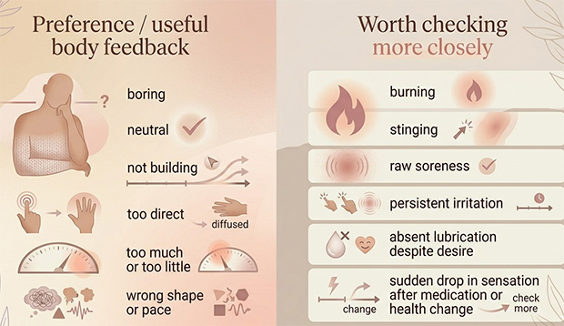 Comparison chart showing the difference between normal preference feedback about stimulation and discomfort signals like pain, dryness, or sudden sensory change.