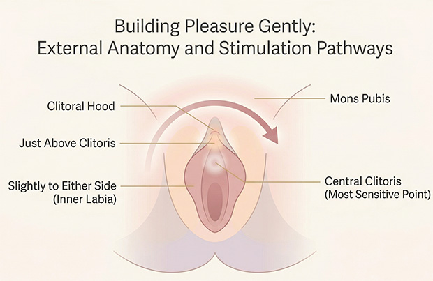Medical-style vulva diagram showing gentler vibrator starting zones around the clitoral hood, sides, and mons before direct contact.