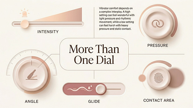 Infographic showing that vibrator overstimulation depends on intensity, pressure, angle, contact area, glide, and time, not just power level.