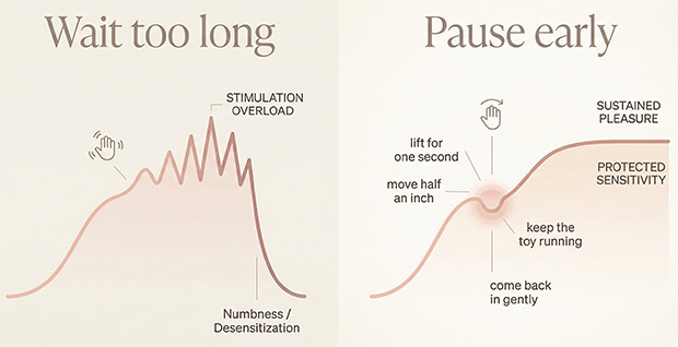 Diagram showing how an early brief pause can protect pleasure buildup, while waiting too long can turn sensation sharp and derail momentum.
