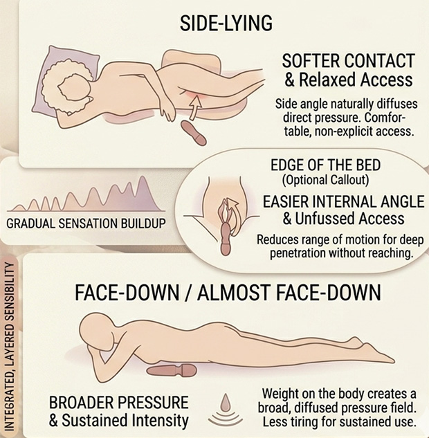 Infographic showing four solo-play positions and the main benefit of each, including steadiness, softer contact, better control, and broader pressure.