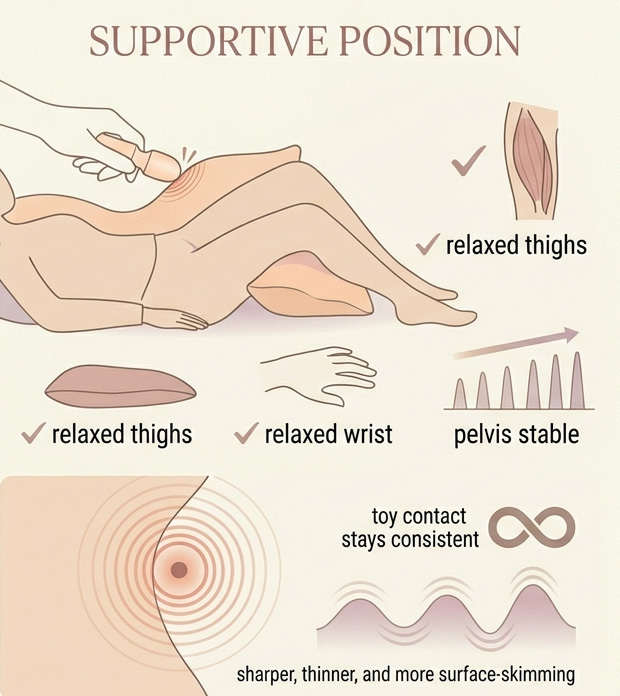 Comparison graphic showing how a supportive solo-play position reduces body tension and toy drift, while a compensating position creates strain and constant correction.