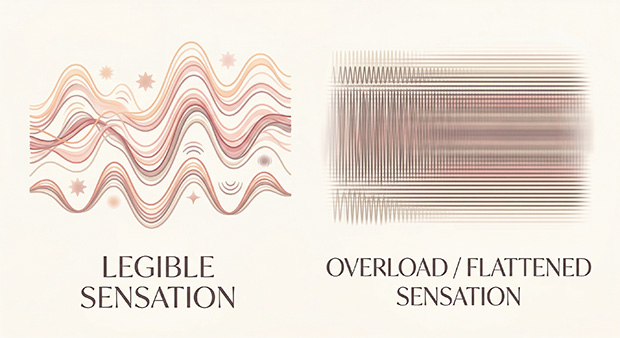 Diagram comparing clear, varied pleasurable stimulation with flattened repetitive overstimulation that feels blurred or numb.