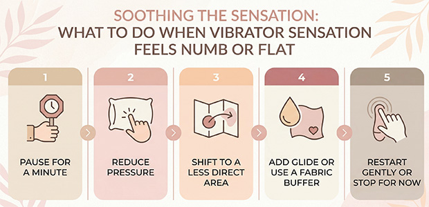 Flowchart showing what to do when vibrator sensation goes flat: pause, reduce pressure, shift placement, add glide, and restart gently.