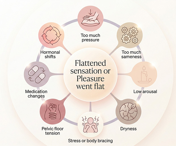 Diagram showing factors that can make vibrator sensation feel dull or numb, including pressure, sameness, stress, dryness, medication, and pelvic floor tension.