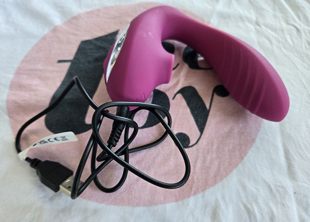 Close-up of the Lovehoney Mon Ami dual stimulators's base showing the magnetic charging port and the circular indicator marking where the USB cable connects.