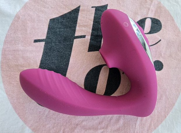 Side-angle photo of the Lovehoney Mon Ami highlighting the articulated pivot joint between the insertable G-spot arm and the clitoral Pleasure Air head.